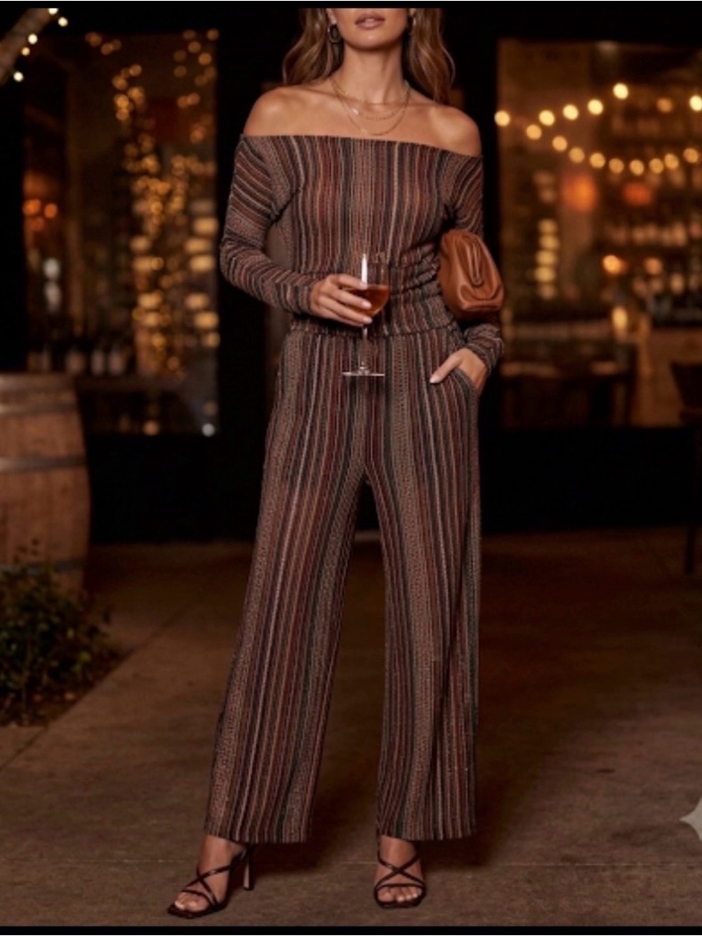 AKIRA Candance 2Piece Striped Off-Shoulder Pant Set with built-in shorts